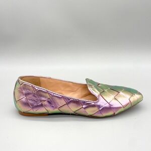Luiza Barcelos Iridescent Woven Metallic Leather Loafer Pink Green Square Toe 6B